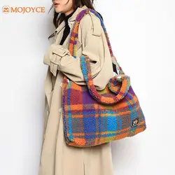 Soft Lamb Wool Women Handbag Fluffy Plaid Pattern Fashion Shoulder Bag Large Capacity Retro Shopping Tote Bag Plush Underarm Bag