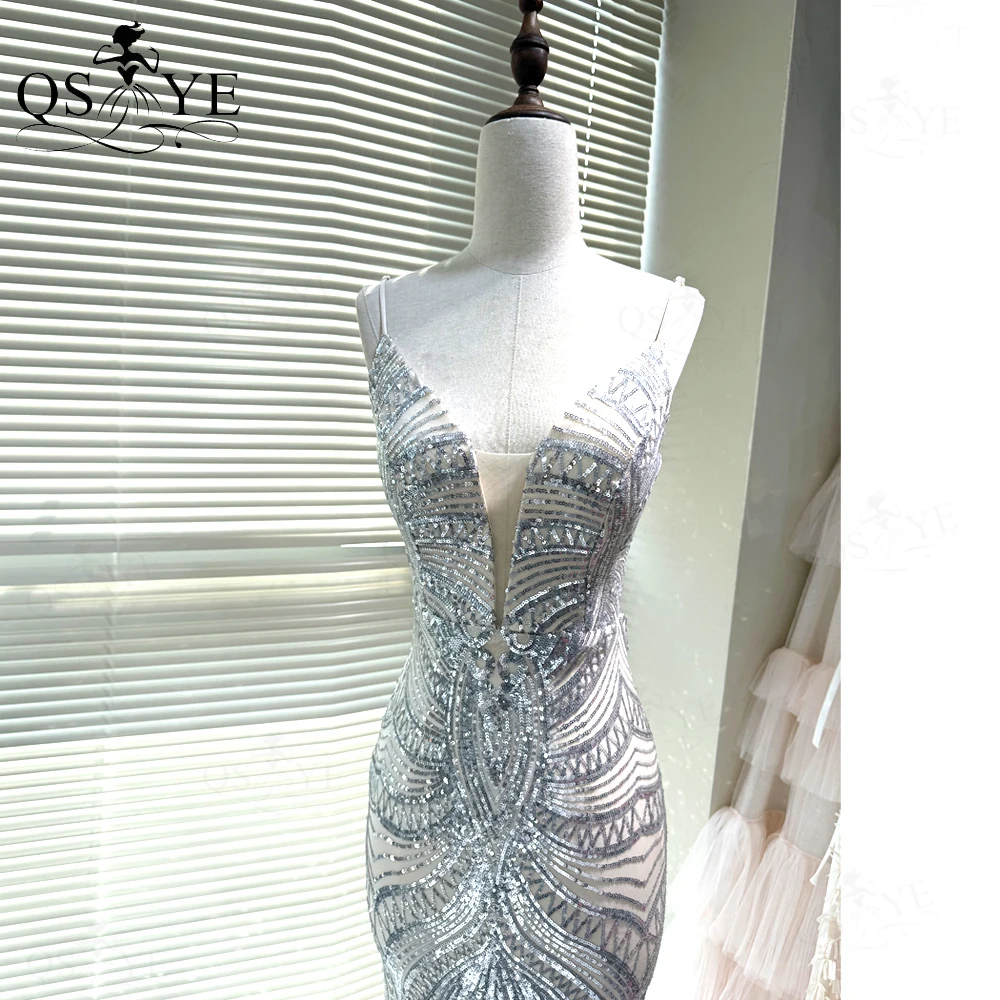 السباغيتي الأشرطة الخامس الرقبة الترتر الفضة حفلة موسيقية فساتين كامل حورية البحر نمط الدانتيل ثوب مسائي حزب عارية الذراعين صالح فستان فضي رسمي