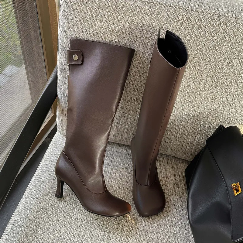 

MKKHOU Fashion Knee High Boots Women New High-Quality Genuine Leather Boots Pointed Pleats High Heels Long Boots Winter Boots