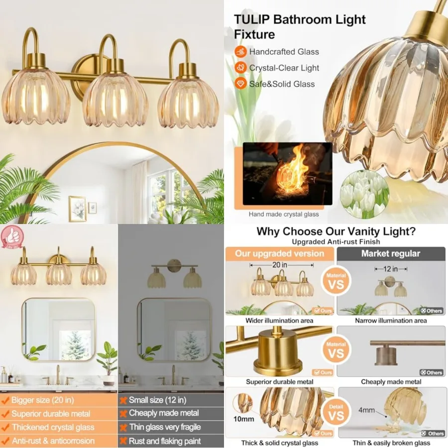 Bathroom Light Fixtures, 3Light Vanity Lights for Bathroom with Ribbed Glass Shade, 20 in Bathroom Vanity Lights Over Mirror fo