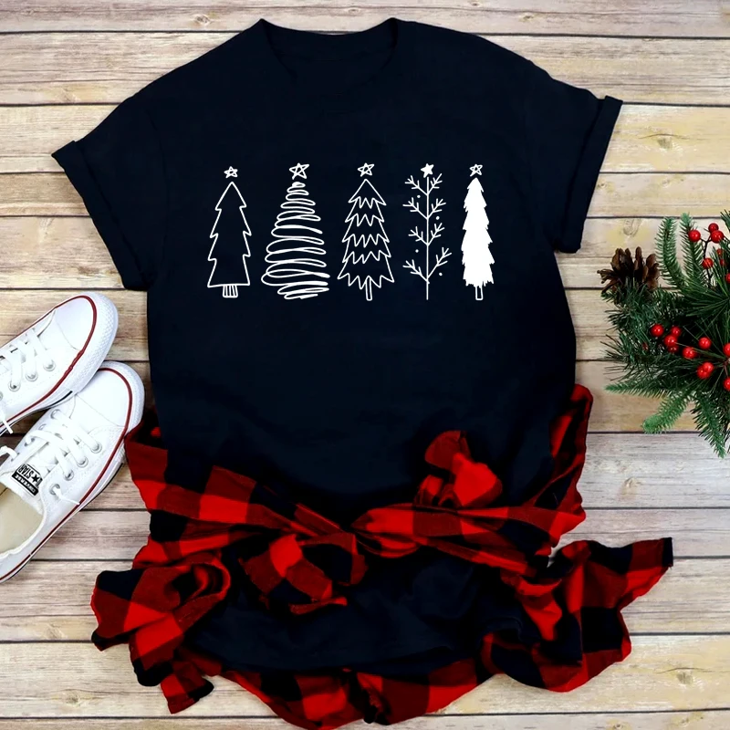 Merry Christmas Lattice Printed Women T-shirt Hip Hop Christmas Tree Female Clothes Fashion Short Sleeve Tees Xmas Party