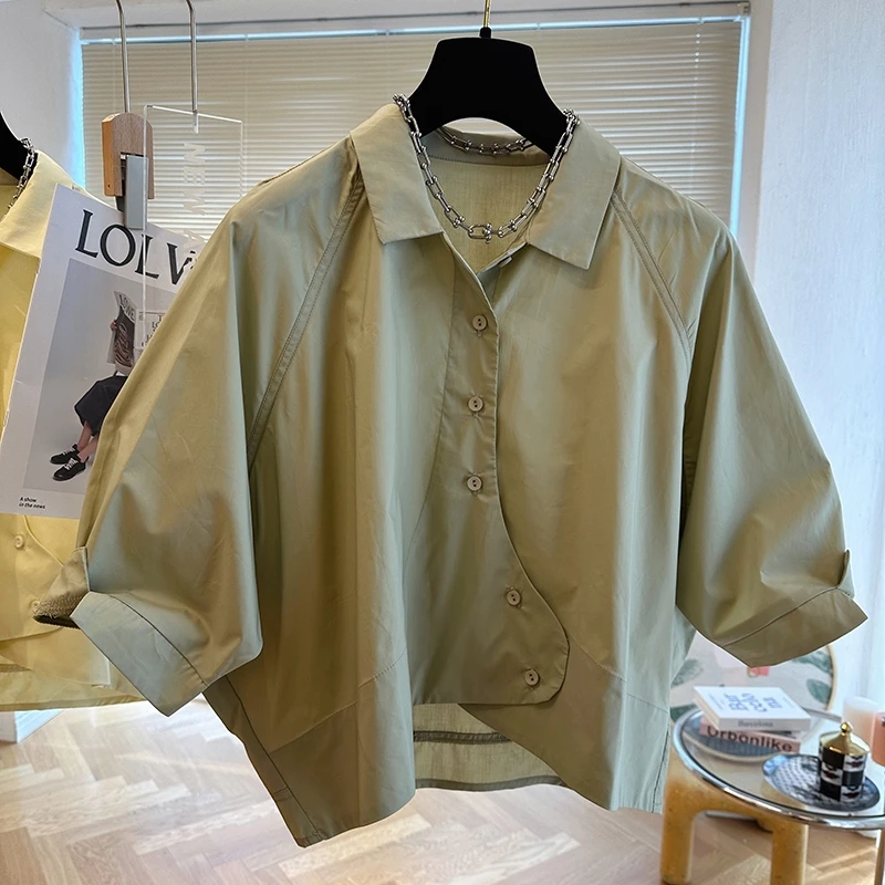 Chemisier Chic Irrégulier à Manches Courtes pour Femme, Haut Court Décontracté, Nouvelle Collection Été 2024