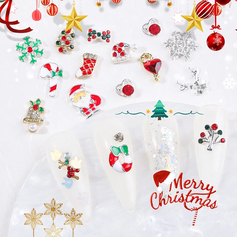 5 pçs natal prego charme com diamantes bonito 3d santa presentes boneco de neve liga encantos flatback acessórios da arte do prego manicure suprimentos