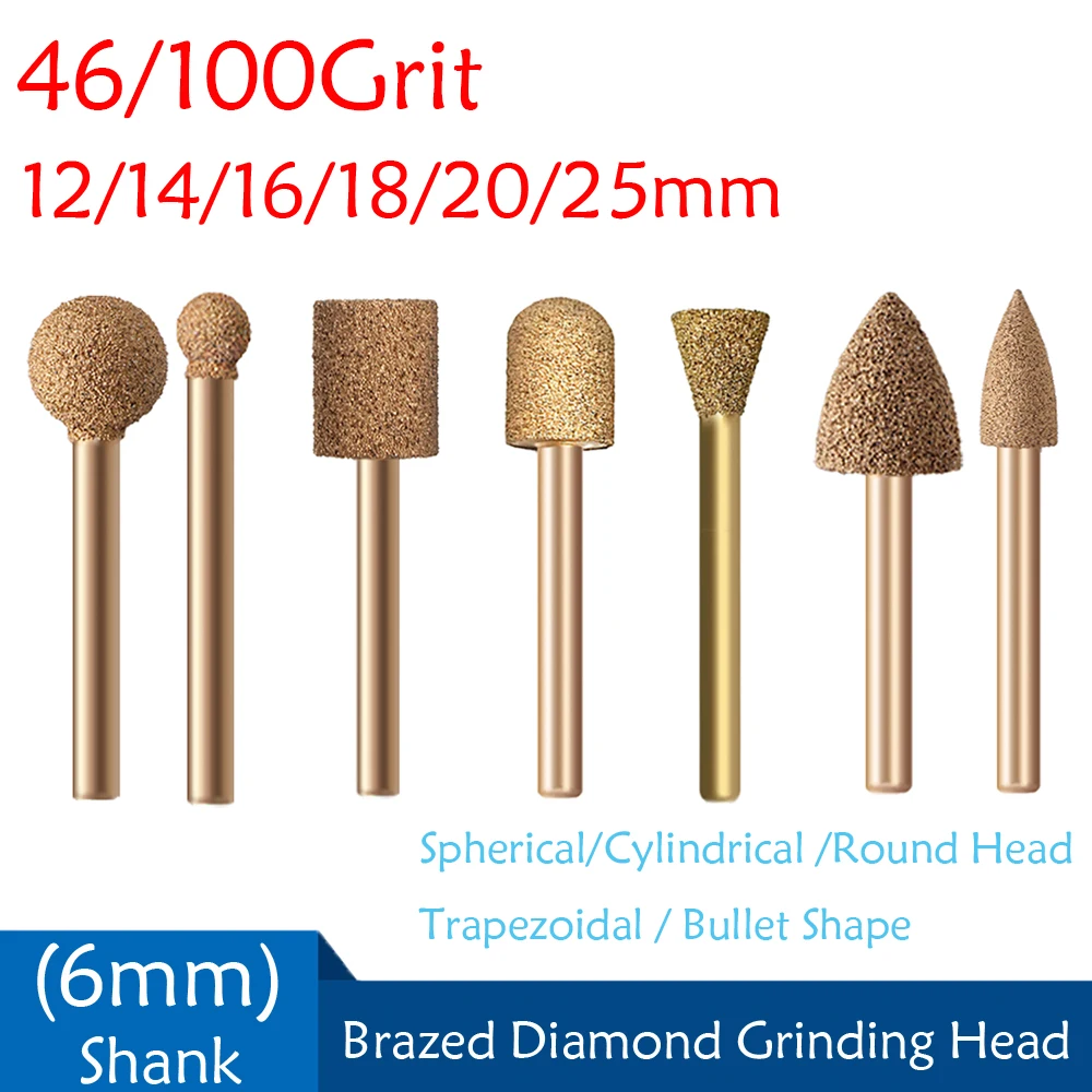 

12-25mm Brazed Ball Diamond Grinding Head Burrs Engraving Drill Bits 6mm Shank For Stone Jade Carving Tools 46/100 Grit ﻿