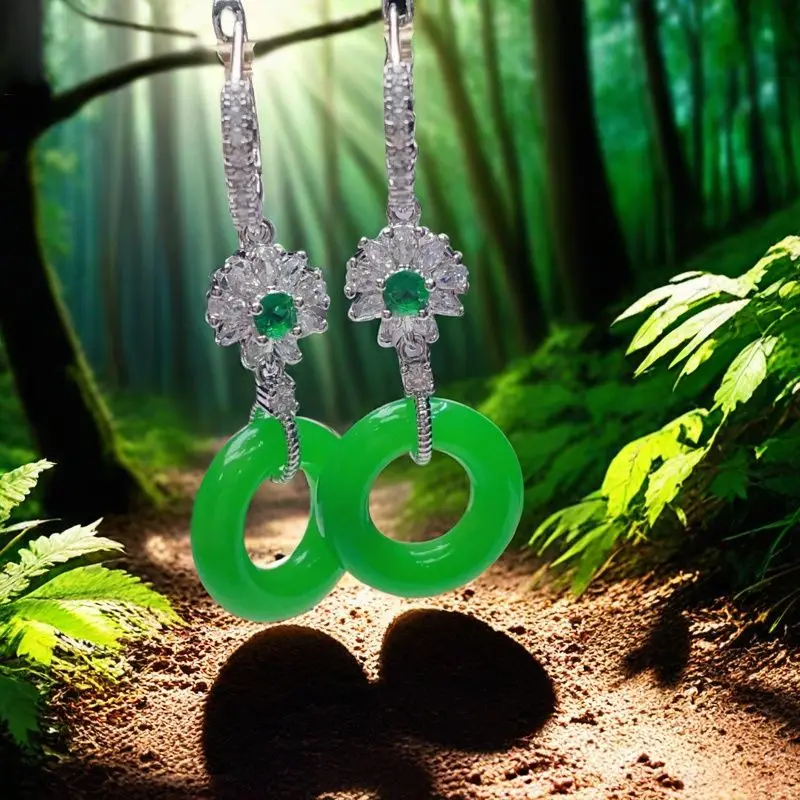 

Myanmar Laokeng jadeite inlaid with glutinous seed bean color safety buckle earrings, earrings