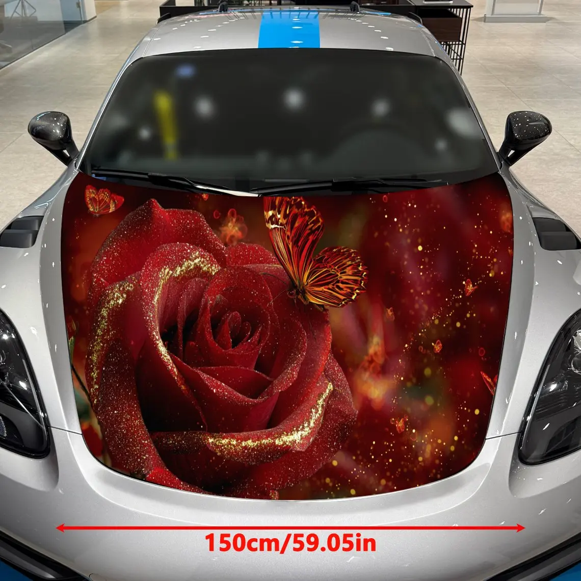 Red Rose Butterfly Dance in Golden Dream Car Vinyl Wrap, PVC Material Waterproof Car Hood Sticker, Self-Adhesive Scratch-Resista
