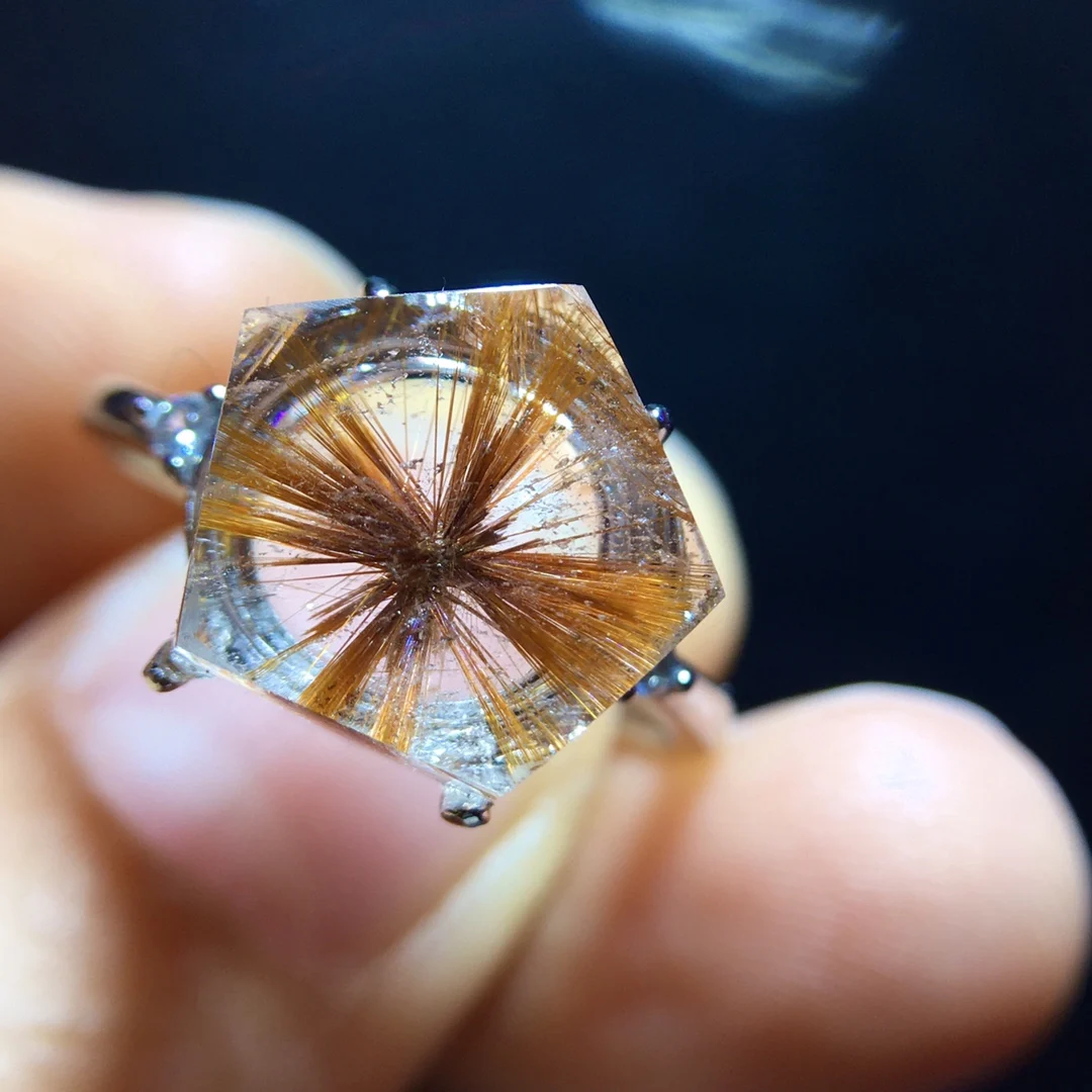 

Natural Gold Rutilated Adjustable Ring 11.6/13.1mm Women 925 Silver Gold Rutilated Beads AAAAAA