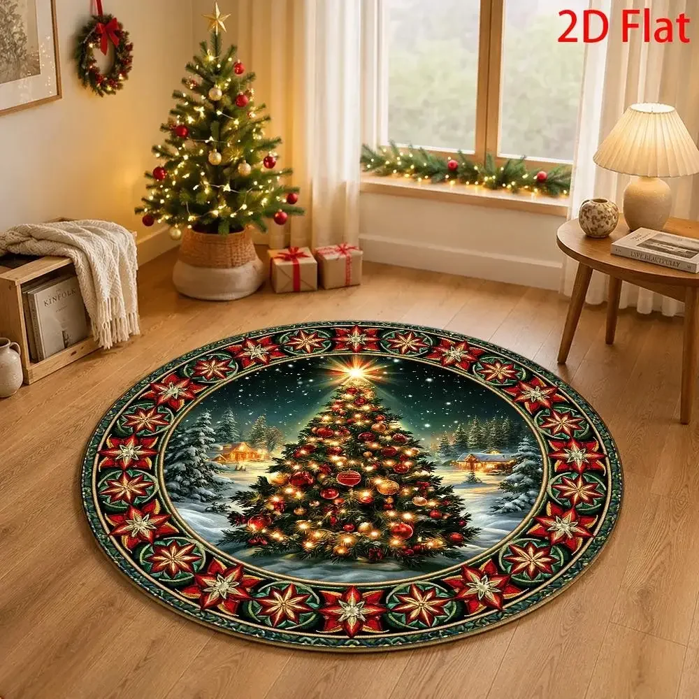 Trendy Round Christmas Tree Santa New Year Print Rug Home Decor Floor Mat for Living Room Bedroom Holiday Party Indoor Carpet