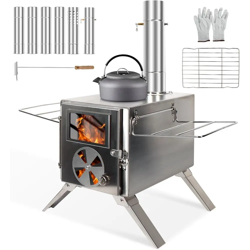 

Portable Outdoor Wood-Burning Stove in 304 Stainless Steel with Wall-Mounted Chimney for Camping and Cooking