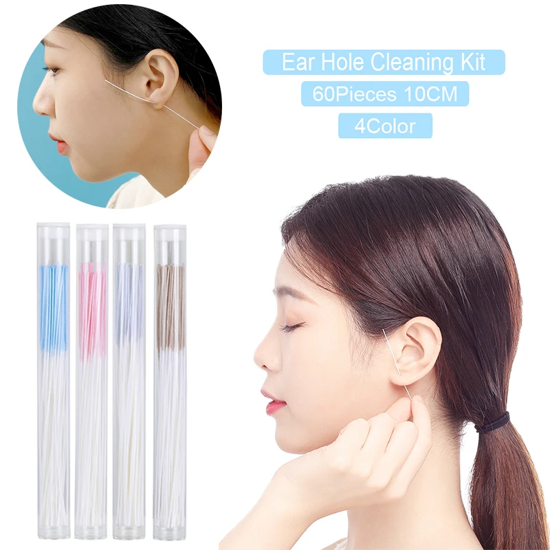 AOEDEJ 60PCS Pierced Ear Cleaning Tool Ear Hole Clean Line Disposable Earrings Hole Ear Wires For Ear Hole Aftercare Tool Kit