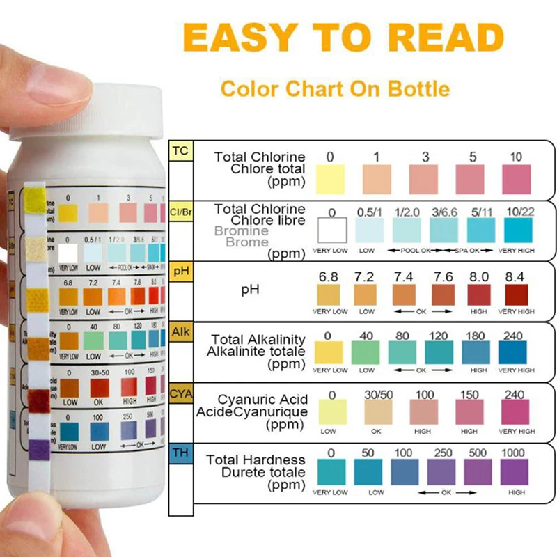 50 Pcs 6 In 1 Multipurpose Chlorine PH Test Strips SPA Swimming Pool Water Tester Paper PH Value Alkalinity Hardness Test Strip