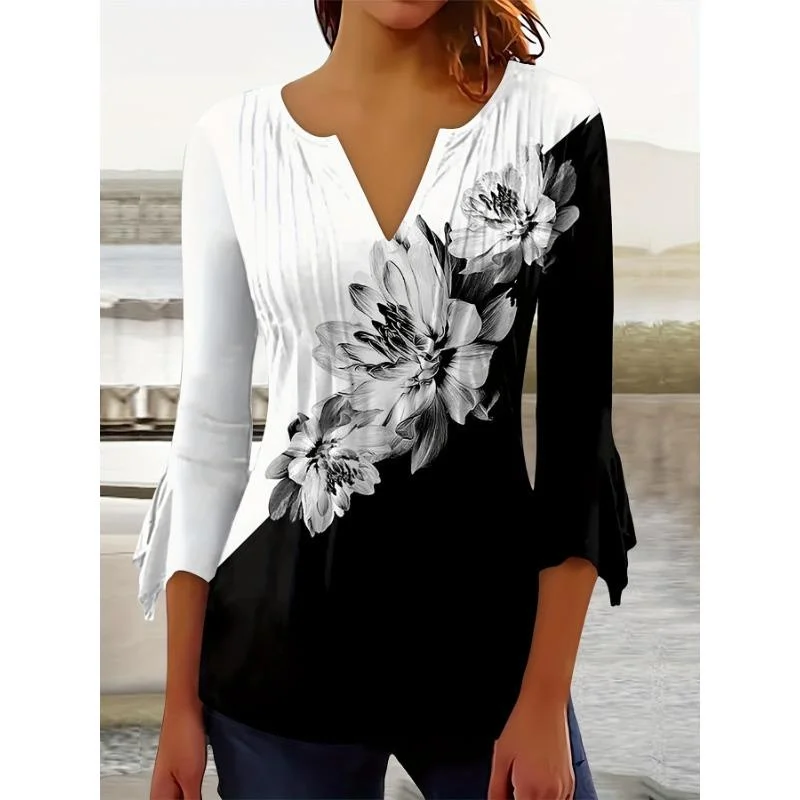 Herbst und Winter Neue Mode Damen T-Shirt mit Blumenmuster Unregelmäßige Manschette T-Shirt Lässiges Dreiviertelärmel Damen-Oberteil