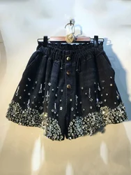 Nieuwe Vrouwen Denim Shorts Kralen Diamanten Elasticiteit Hoge Taille Wijde Pijpen Effen Kleur Korte Jeans 2024 Zomer Nieuwe Mode