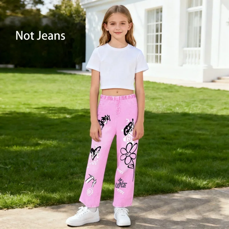 

2025 Girls Pink Graffiti Printed Wide Leg Pants - Elastic Waist Casual Fashion Flower Printed Love Imitation Denim Pants