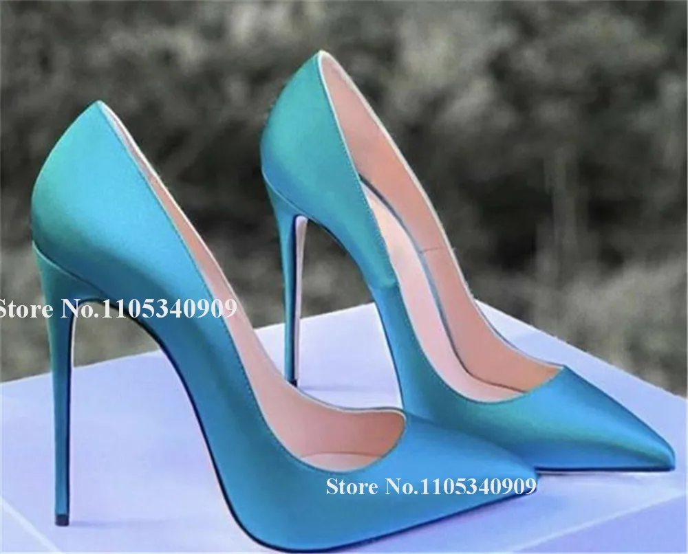 

Bondarenko Fashion Blue Pink Satin Stiletto Heel Pumps Pointed Toe Slip-on 12cm Party Heels Dance Shoes Big Size