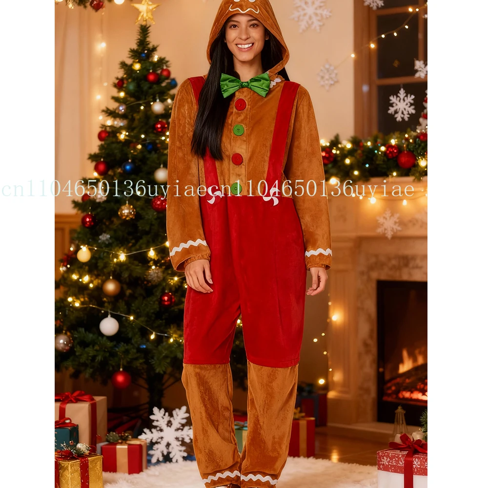 Mulheres homens natal cosplay trajes gingerbread homem manga longa bowtie botão com capuz macacões trajes de festival