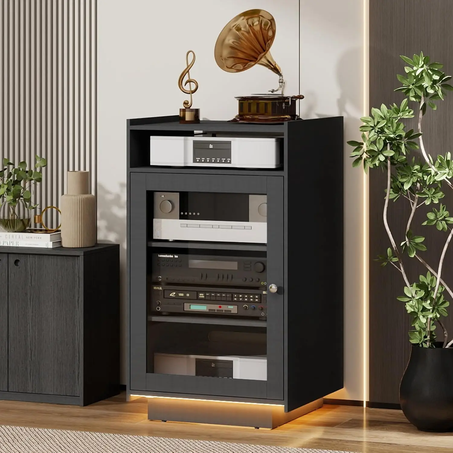 Media Cabinet with Glass Door, 5 Tier Stereo Cabinet, Black | 2 Adjustable Shelves, RGB LED Light, Cable Management, Media Stora