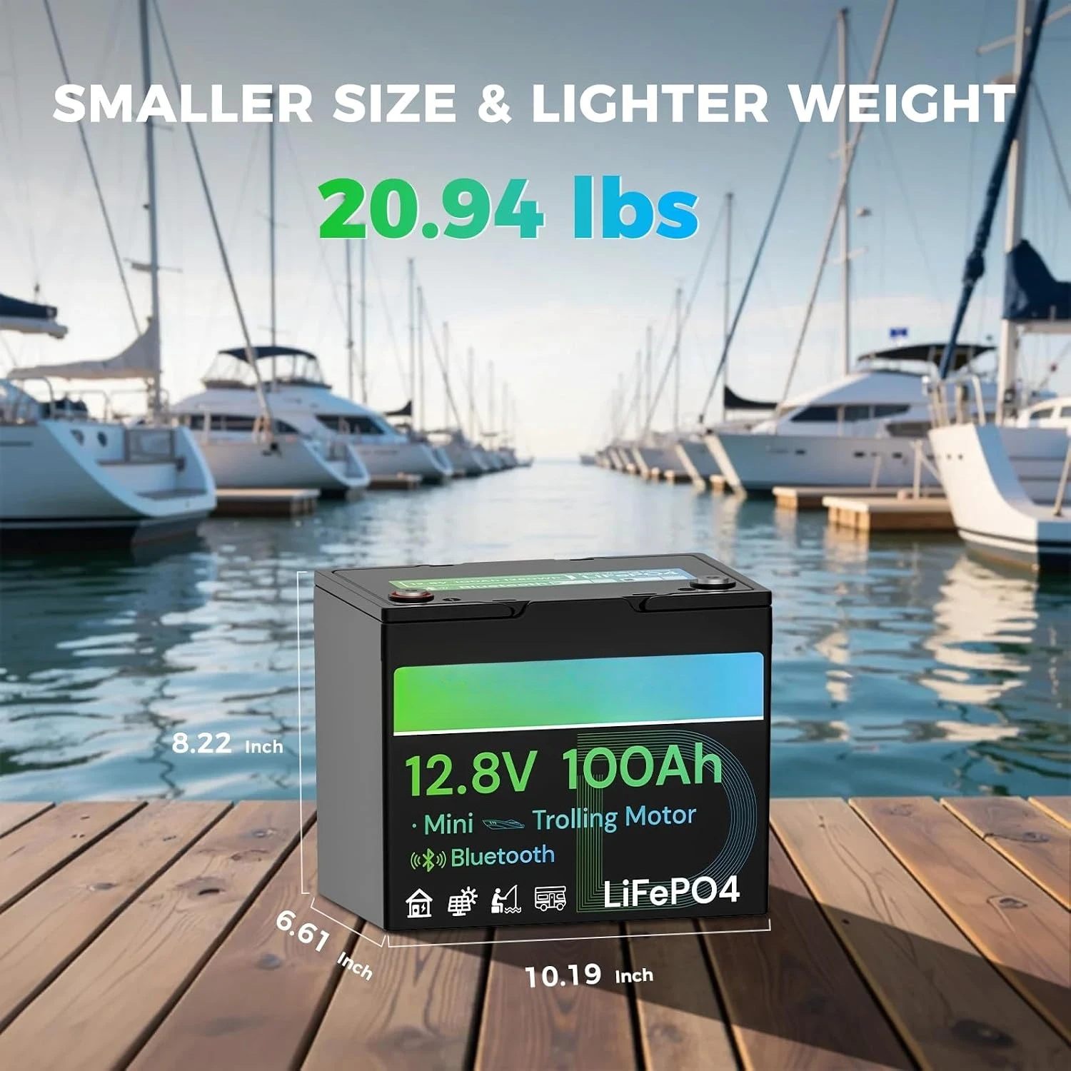 12V 100Ah Bluetooth LiFePO4 Lithium Battery for Trolling Motors, RV | Group 24, 1280Wh Energy Capacity, Built-in, Customized
