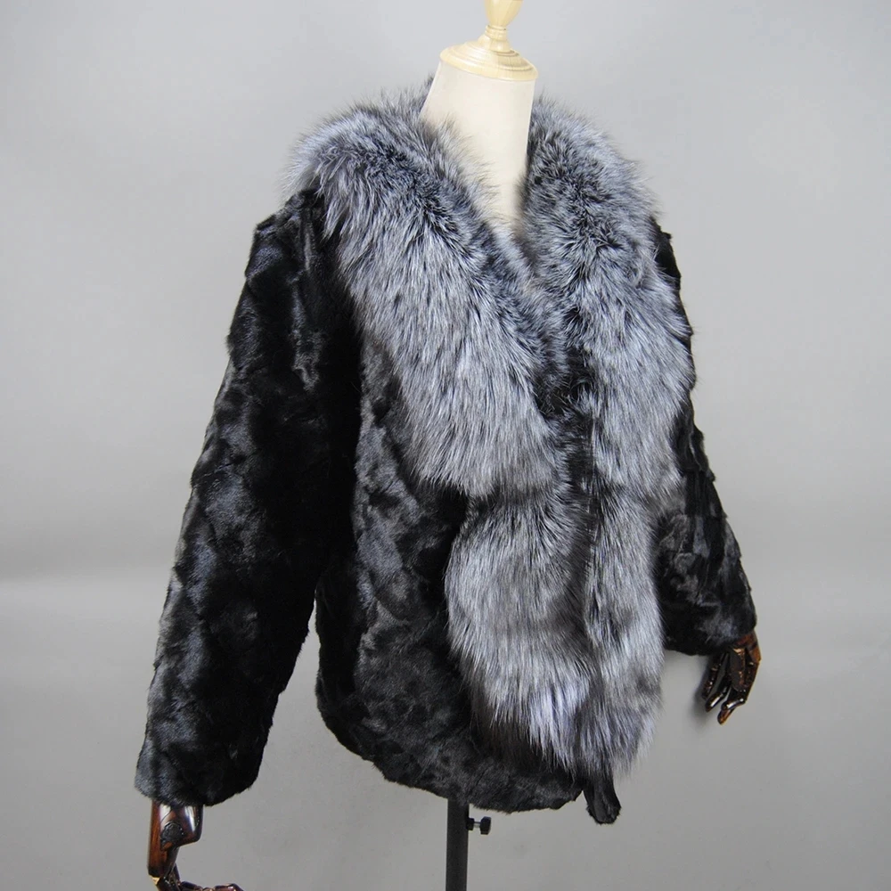 2024 New Style Fashion Women Winter Real Genuine Knitted Mink Fur Shawl Wrap Cape Scarf With Fox Fur Collar Mink Coat Brand