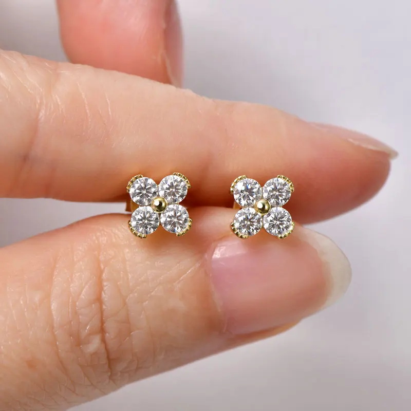 Lnngy 925 فضة كلاسيكي الأزهار قرط الاذن المرصع للنساء 3 مللي متر 0.1ct مويسانيتي مستديرة أقراط الماس لذيذ الأذن مجوهرات