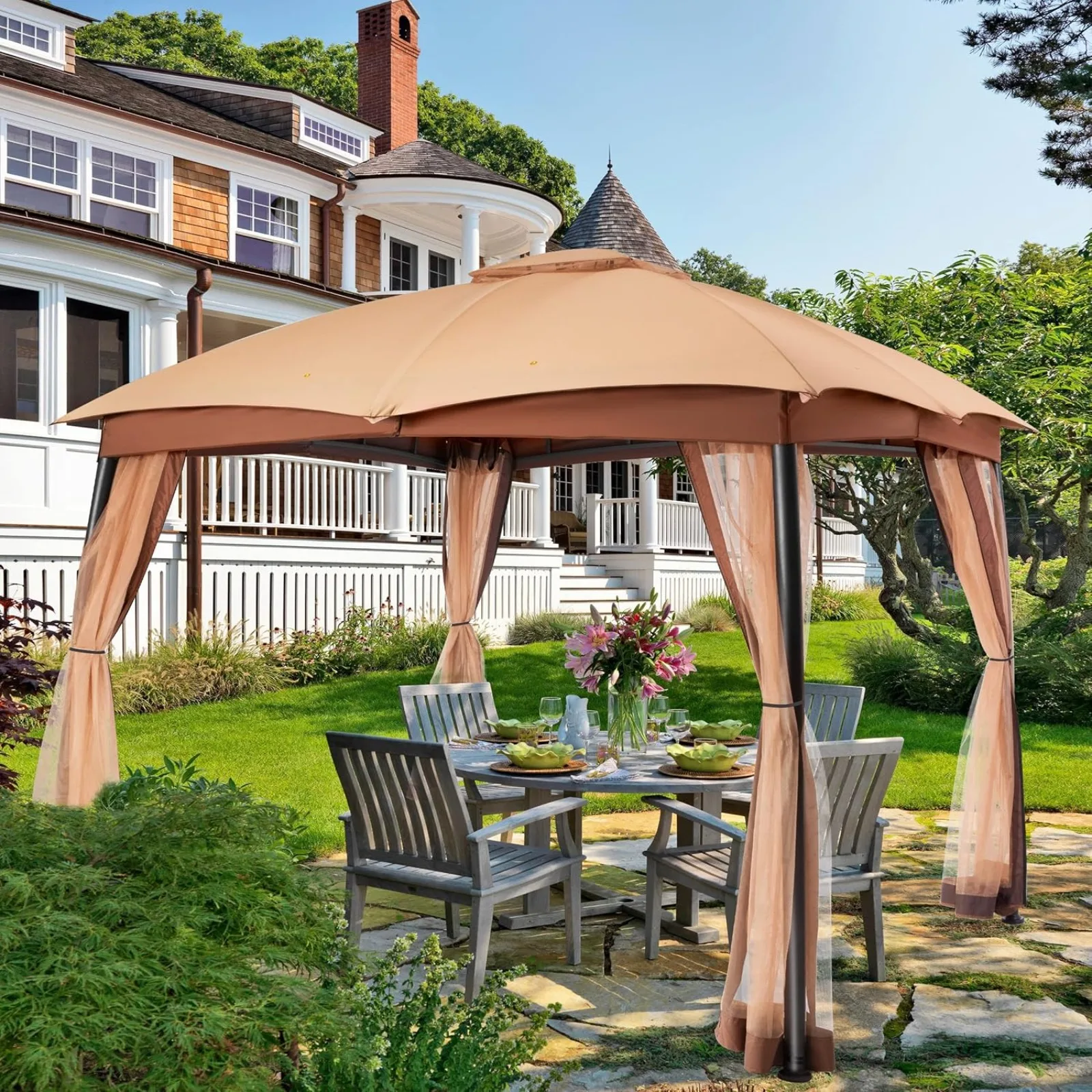 US 10x12 Gazebo for Patio, Double Vent Canopy Gazebo with Privacy Netting Screen, Outdoor Heavy Duty Steel Patio Gazebo,