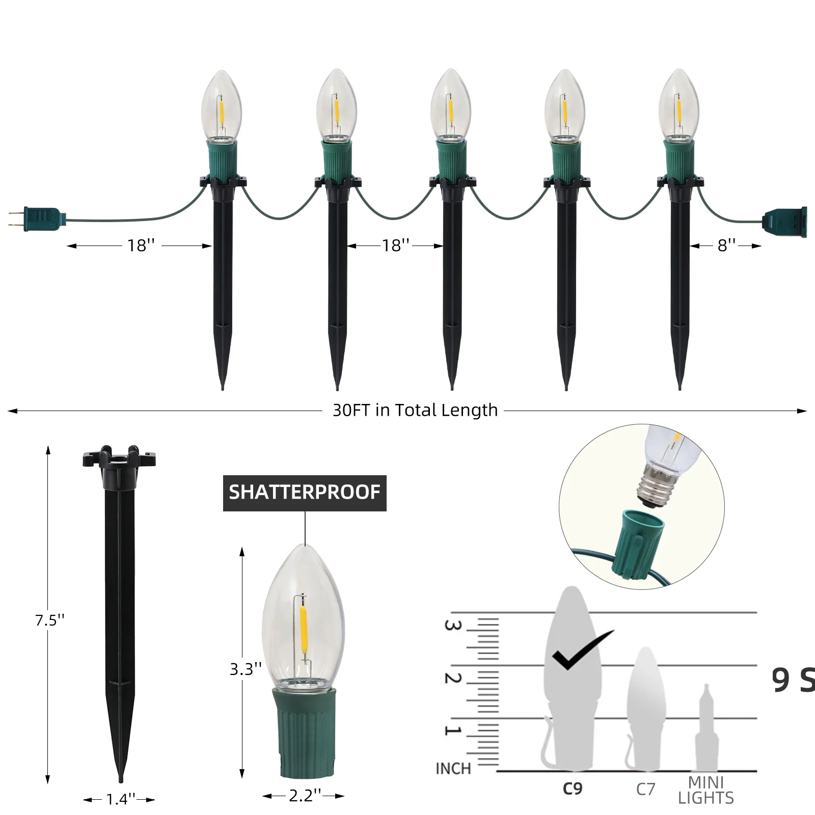 3-in-1 Electric C9 LED Christmas String Lights With Clips, 20-Light 30FT Pathway Lights For Roof Christmas Tree Yard Sidewalk