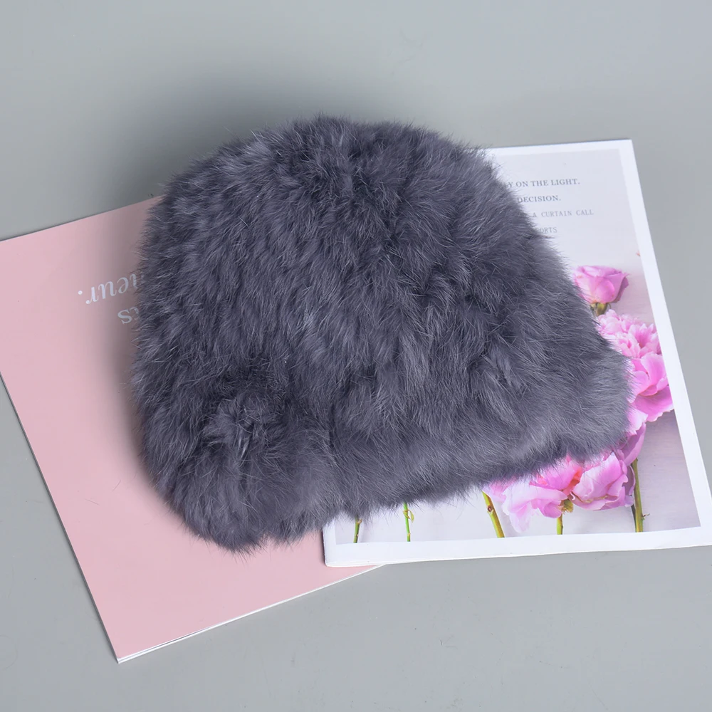 2024 New Fashion Russian Women Knitted Real Rabbit Fur Bomber Hats Winter Lady Warm Fluffy Rabbit Fur Hat Good Elastic Fur Caps