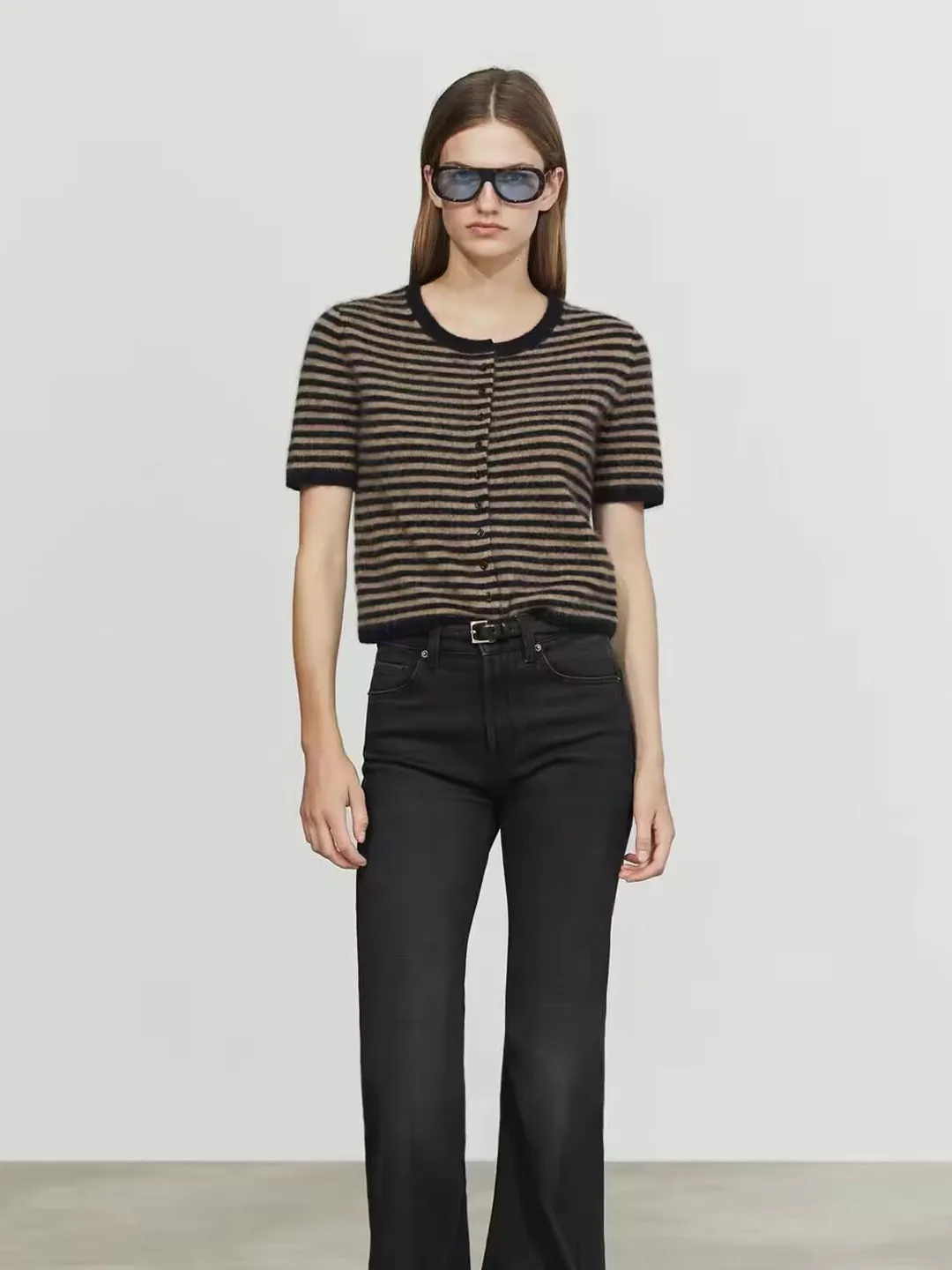 MD Women's Knitted Short Sleeve round Neck Striped Open Front Casual Style Autumn New Arrival Simple High-End Feeling Top