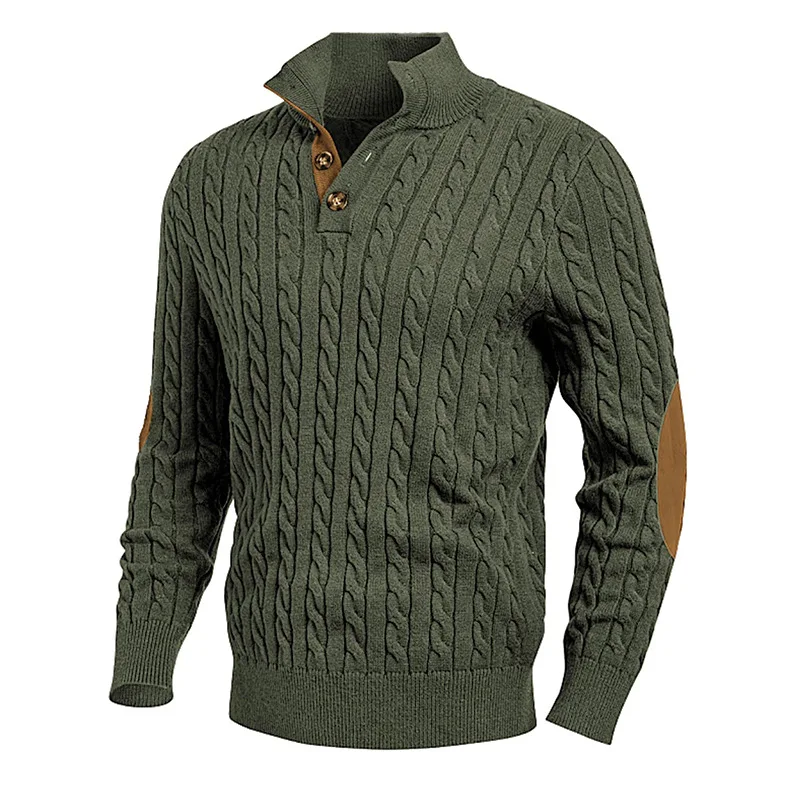 Autumn And Winter Knitted Sweater Slim Button High Neck Suede Splicing Sweater Muscle Men's Clothing