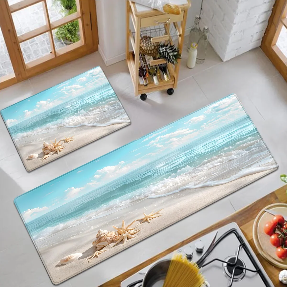 Coastal 3D Ocean Beach Kitchen Rug Non Slip Sea Shell Starfish Pattern Floor Mat Washable Long Runner for Hallway Laundry Room