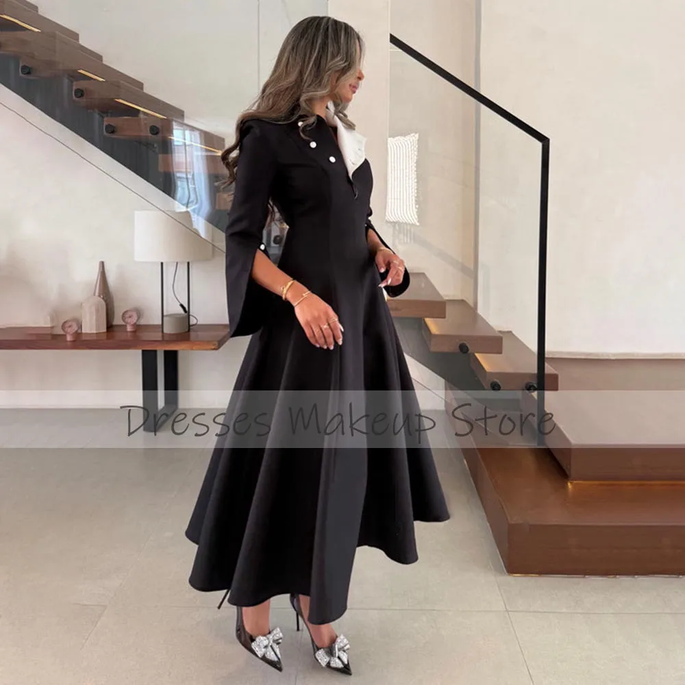 Elegant Prom Dress Midi A Line Long Sleeves Tea Length Short Evening Gowns for Women 2025 Black White Buttons Modern Party Dress image 4