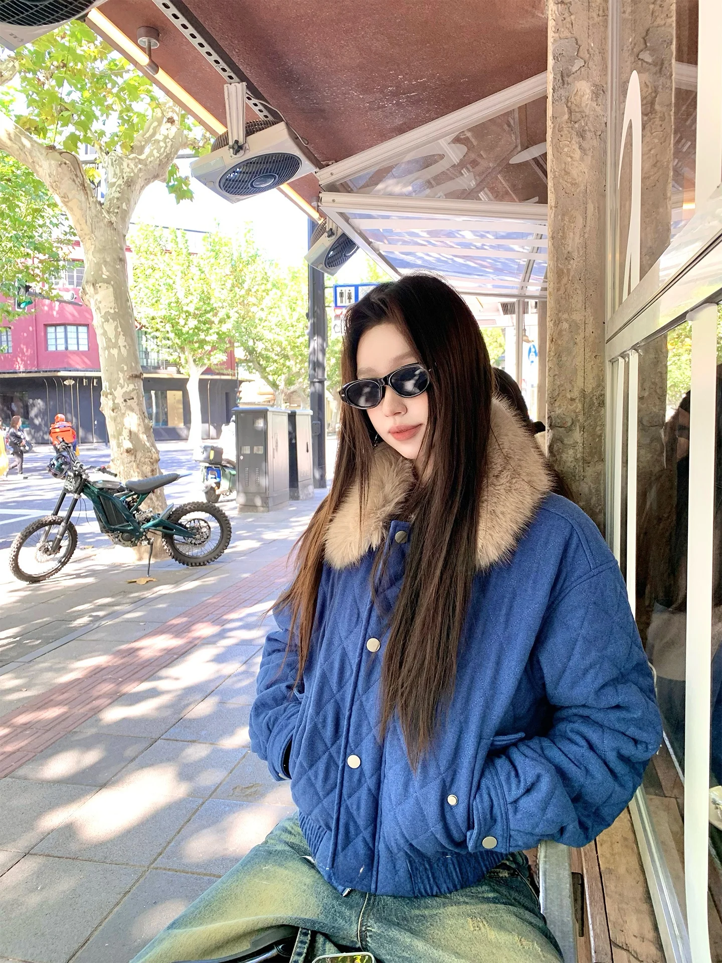 

Blue Diamond Pattern Quilted Cotton Jaet ort Coat with Fur Collar Eco-friendly Women's Faion Commute Sle Slim Fit