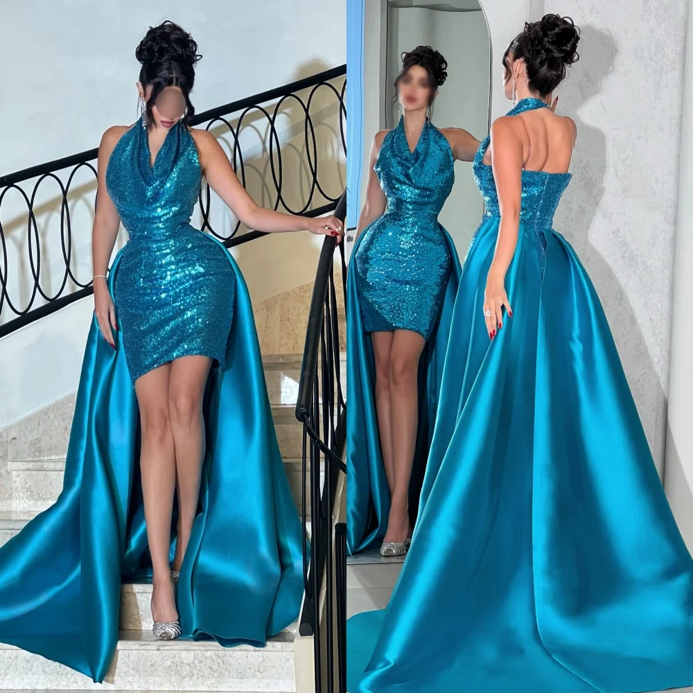 

Короткие платья Charmeuse с блестками и драпировкой на шее и открытой спиной на заказ, женские роскошные вечерние очаровательные блестящие платья на заказ