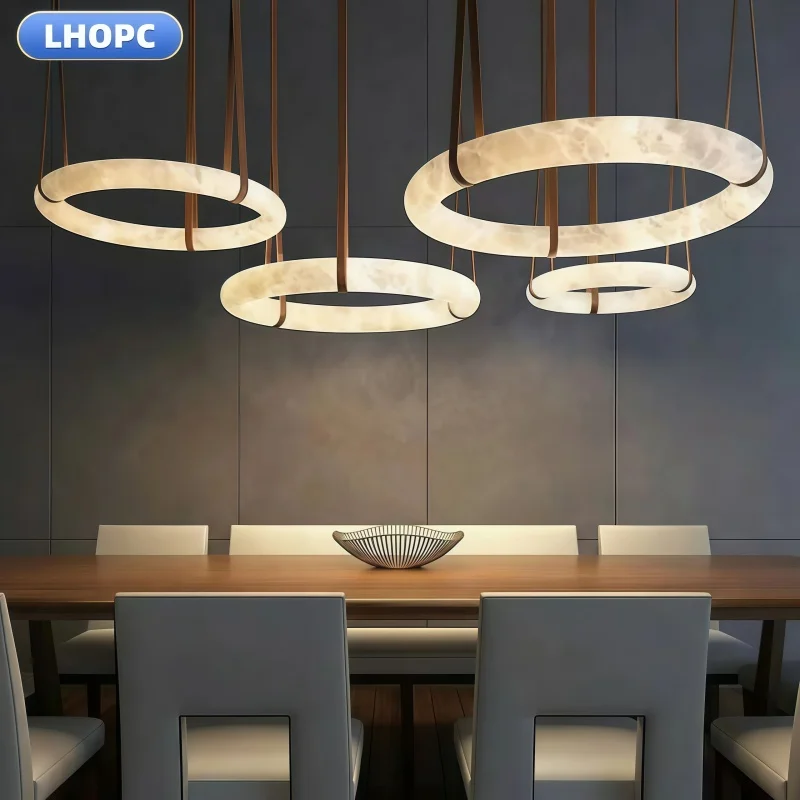 

Alabaster Belt Ceiling Chandeliers Round Spanish Natural Marble Chandelier for Bedroom, Entryway, Foyer Alabaster Pendant Light