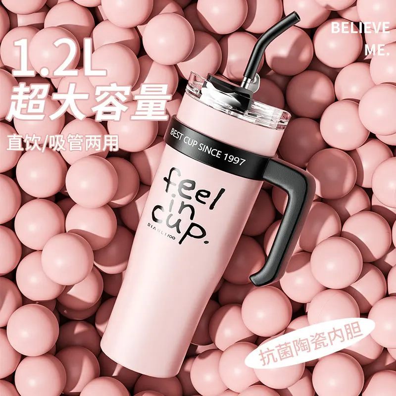 1200ml Ice Cup High quality Thermos cup with straw and handle Large capacity double cup heat preservation