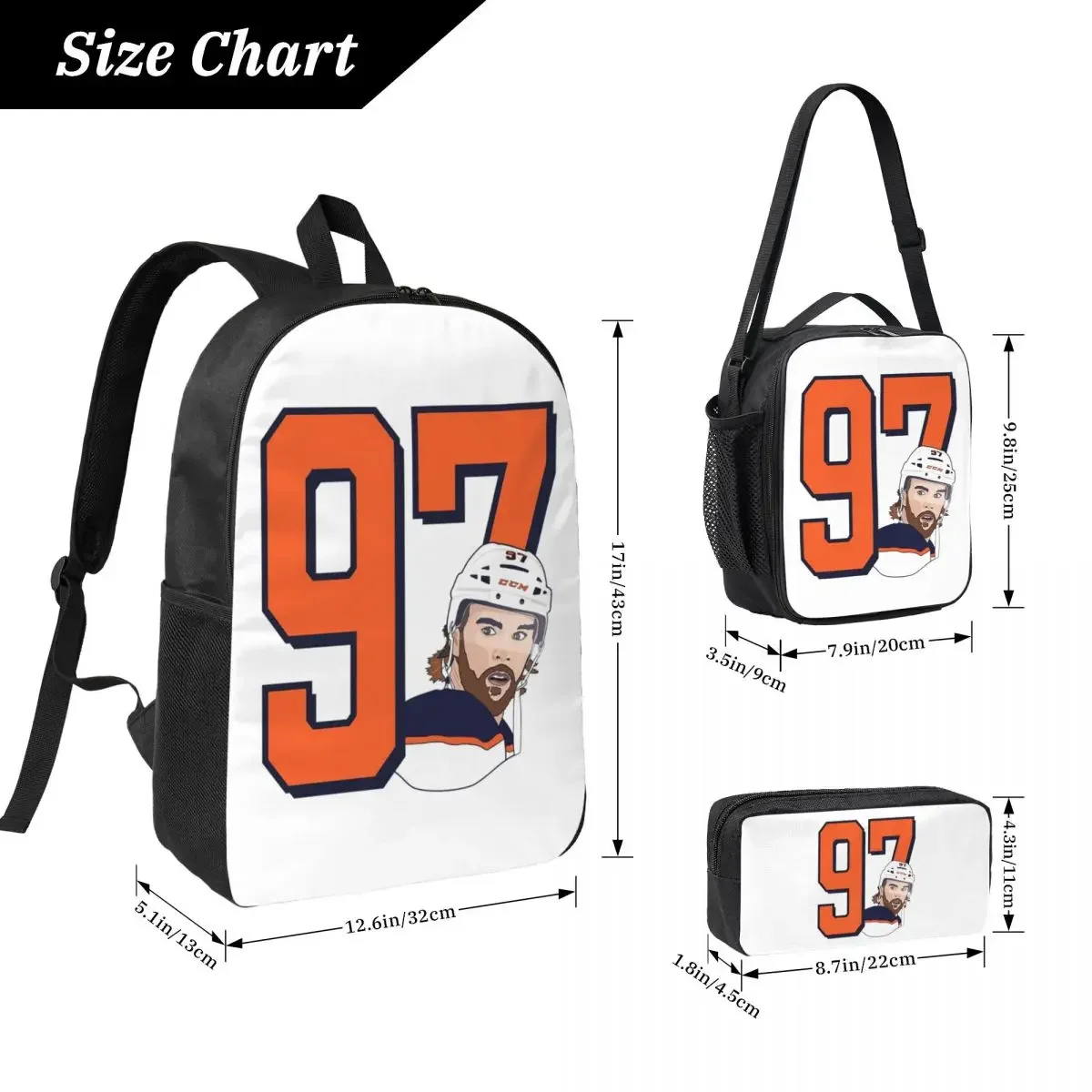 Connor McDavid 97 For Edmonton Oilers Fans Backpack BookBag School Bag Computer Shoulder Bags 3ps Lunch Bag Pencil Case