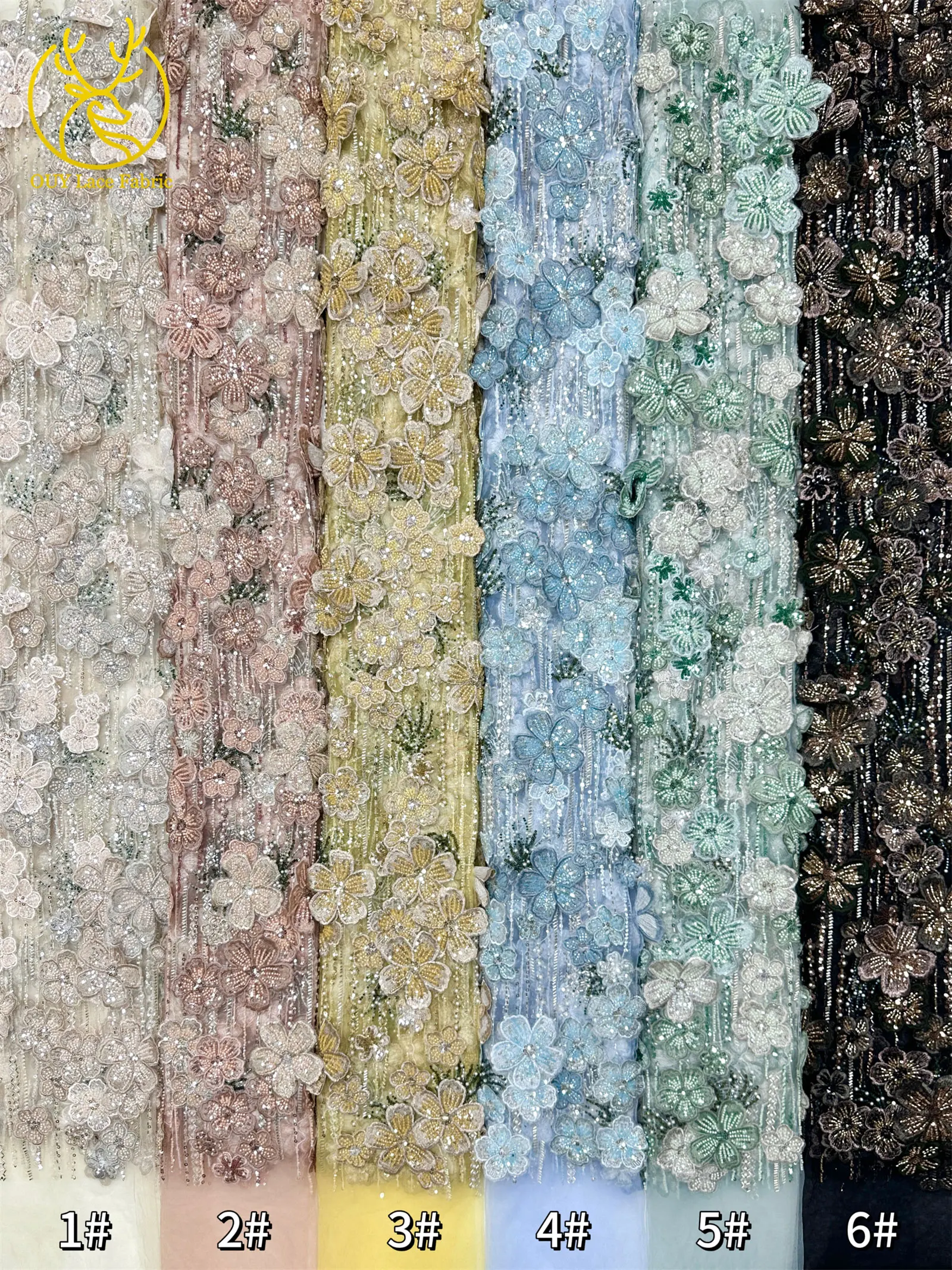 Maßgefertigter Luxus 3D Handbestickter Blumen-Spitzenstoff Hochwertige Afrikanische Perlen-Pailletten-Spitze für Hochzeitskleider und Näharbeiten – Detail 23