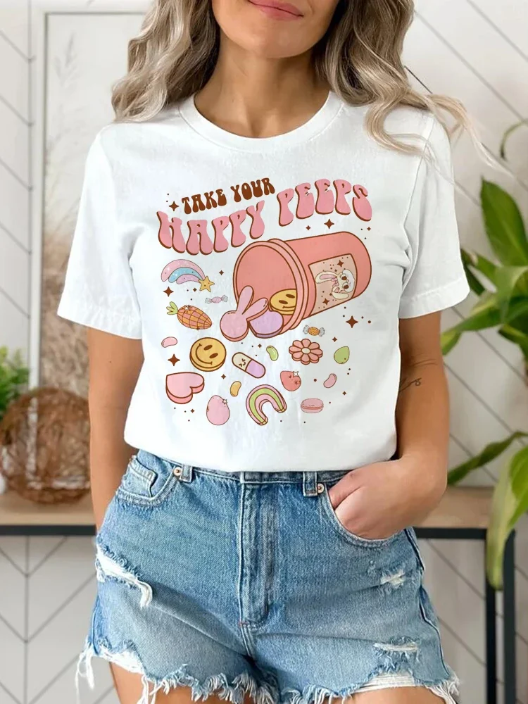 Print Take Your Happy Peeps Funny Easter Pills Casual T-Shirt Summer O-Neck Style Cartoon Pattern Basic Harajuku Fashion T-Shirt