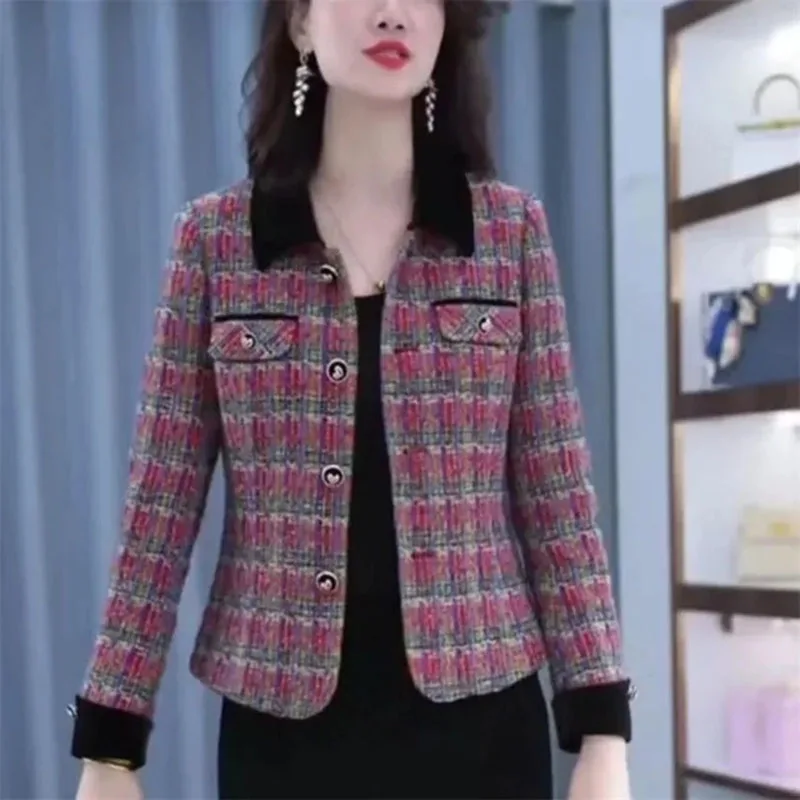 

Fashion Coarse Tweed Woolen Coat 2024 New Women's Spring Autumn Jacket Short High-End Plaid Single Breasted Suit Jacket Female