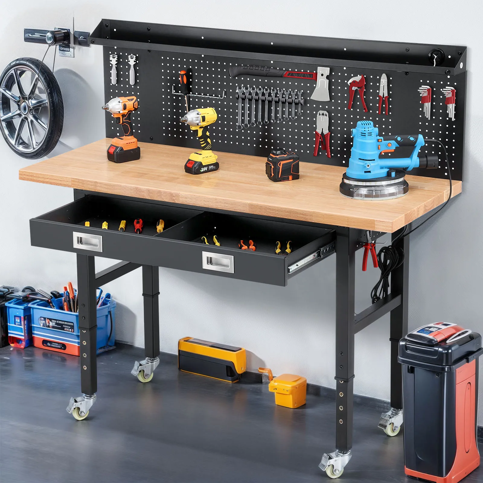 

60 Inch Wood Work Bench Rubber Wood Workstation Garage Desk Table Worktable w/ Led Lights & Pegboard Drawers for Workship