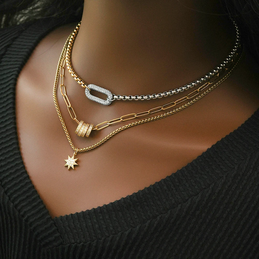 Fashion Designer Jewelry Waterproof Stainless Steel 18k Gold Plated Two Tone Oval Zircon Charm Multilayer Necklace YF3751