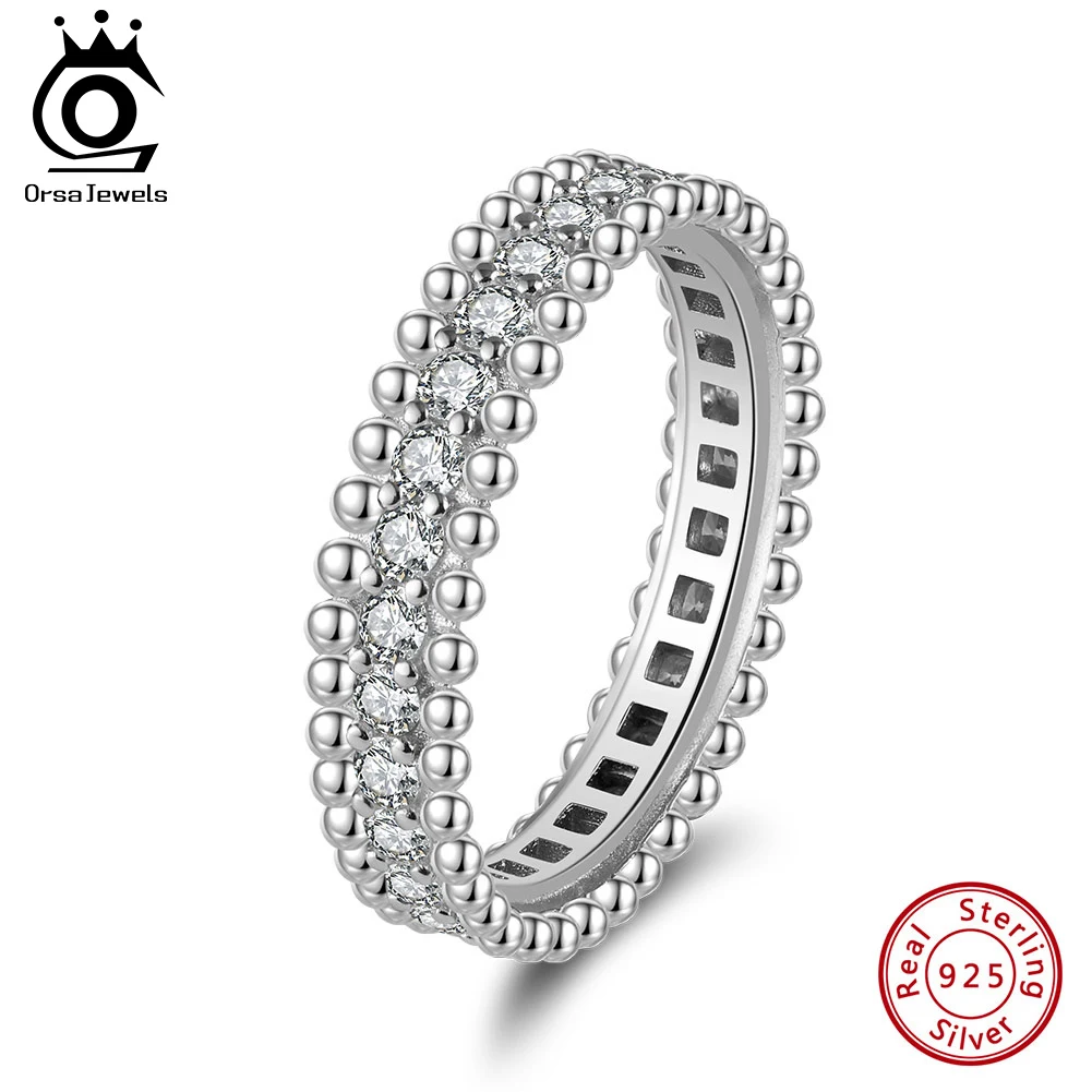 

ORSA JEWELS 925 Sterling Silver 5A Clear Cubic Zirconia Bead Rings Rhodium Finger Ring for Women Pave Setting Rings JewelryLZR33