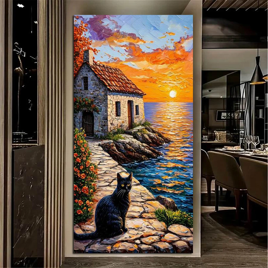 

Abstract Sunset Sea House Black Cat Large Size Diy Diamond Painting Kits Full Square Round Drill Mosaic Embroidery Pictures