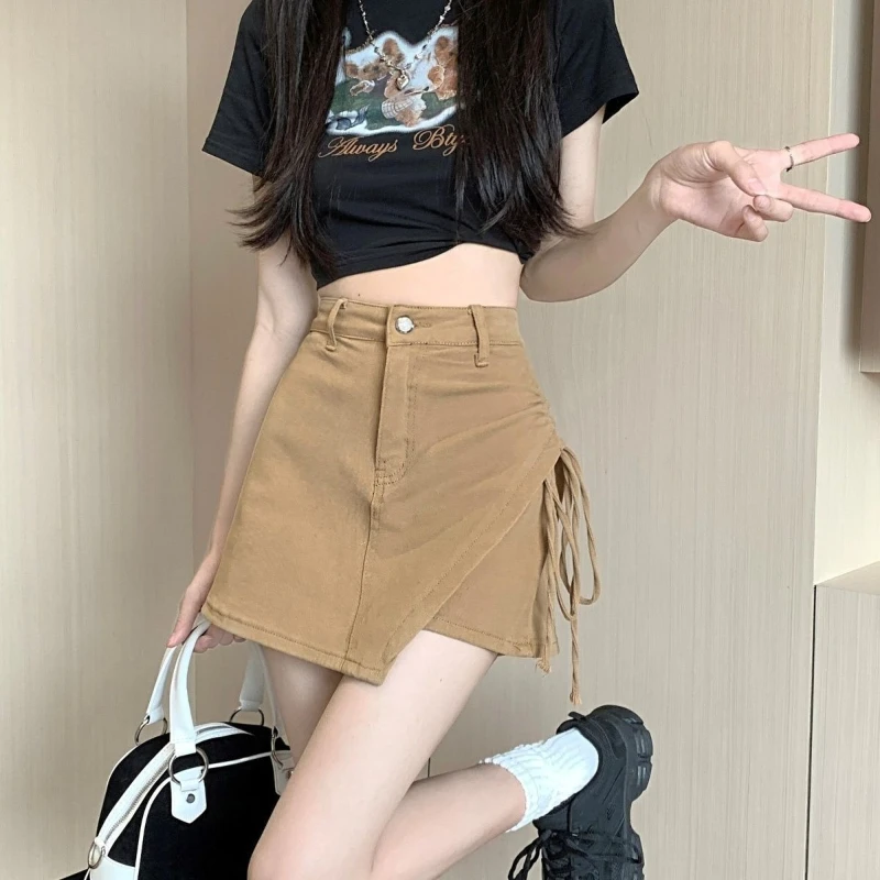 Stylish High Waist Irregular A Line Drawstring Bodycon Shorts For Petite Women Khaki Slimming Summer 2026 New Arrival