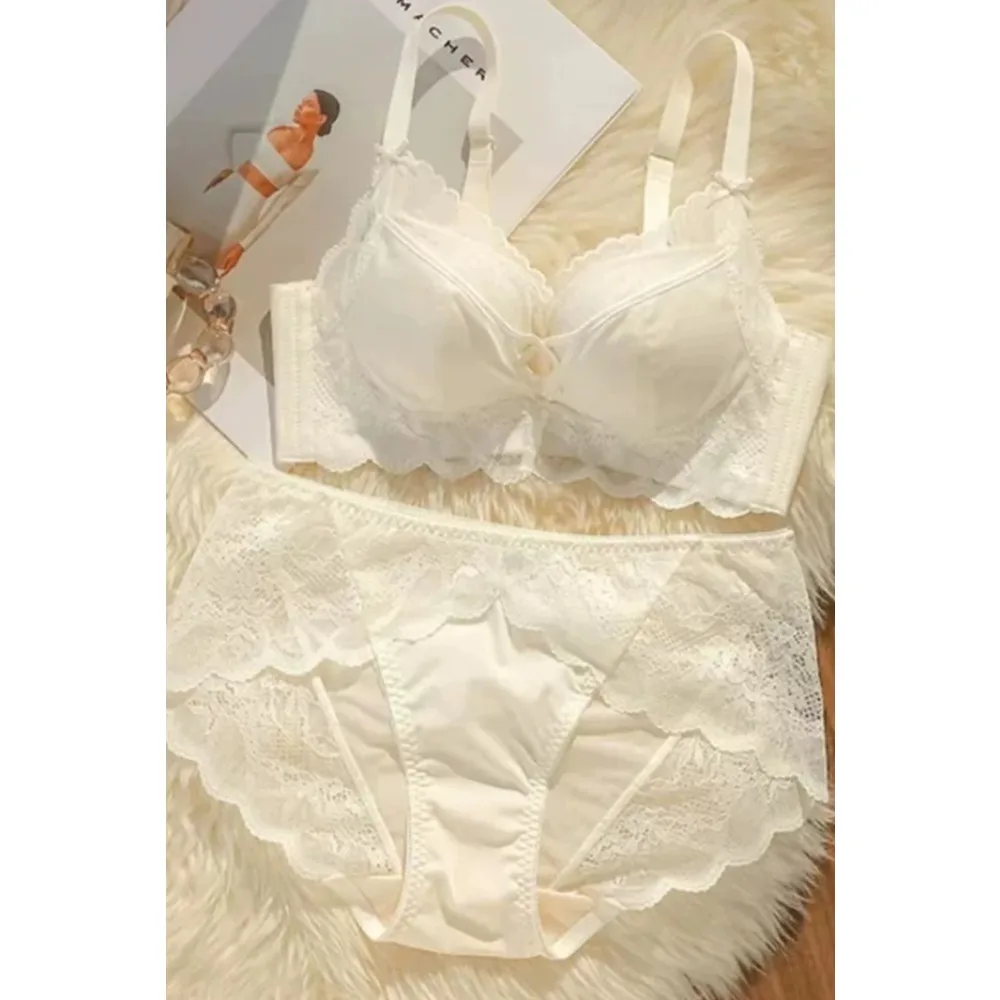 BANERDANNI Women Wireless Satin Lace Bra Panties Set 32‑38,French Adjust Push‑Up Bra For Small Bust Non‑Empty Cup Daily Lingerie