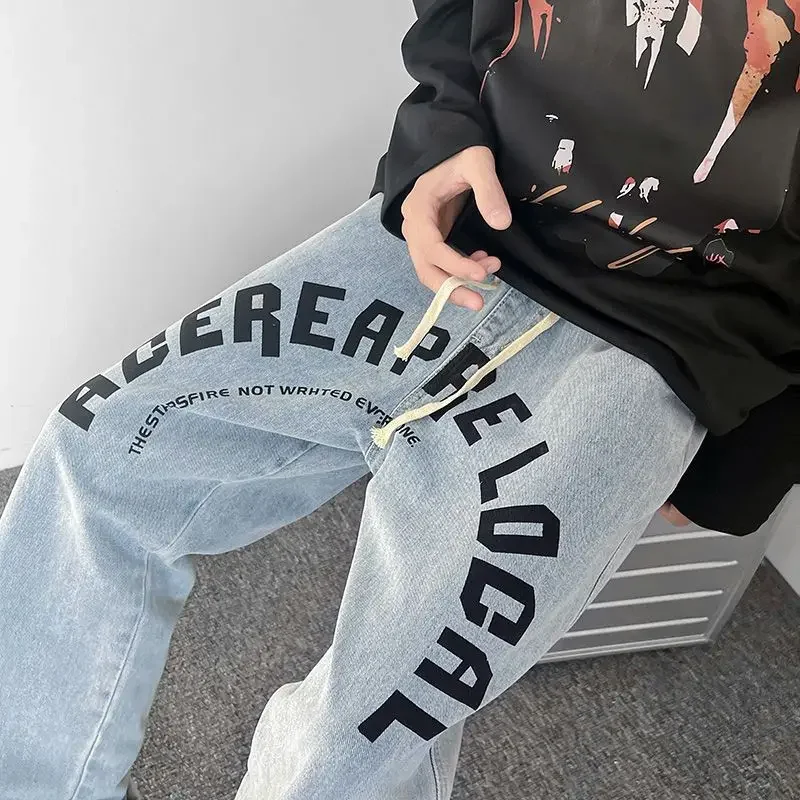 Elastic Black Straight Men's Jeans Stretch Man Cowboy Pants Trousers Hip Hop with Print Graphic Y2k Vintage Stylish Luxury Y 2k