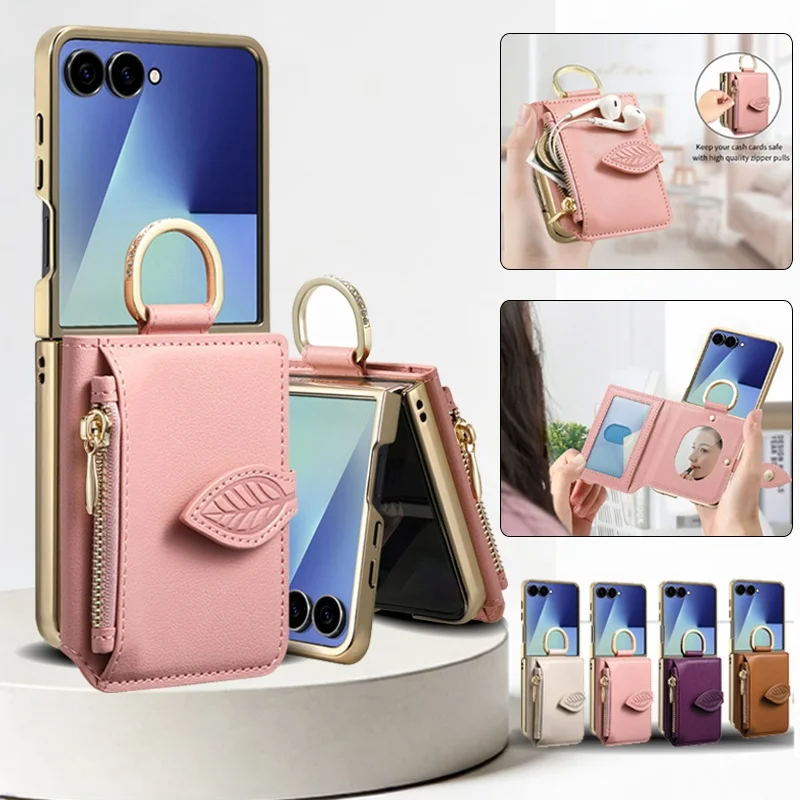 

Luxury PU Leather Zipper Wallet Mobile Phone Case for Samsung Galaxy Z Flip 7 6 flip6 5 4 3 Flip5 Ring Cards Holder Funda Cover
