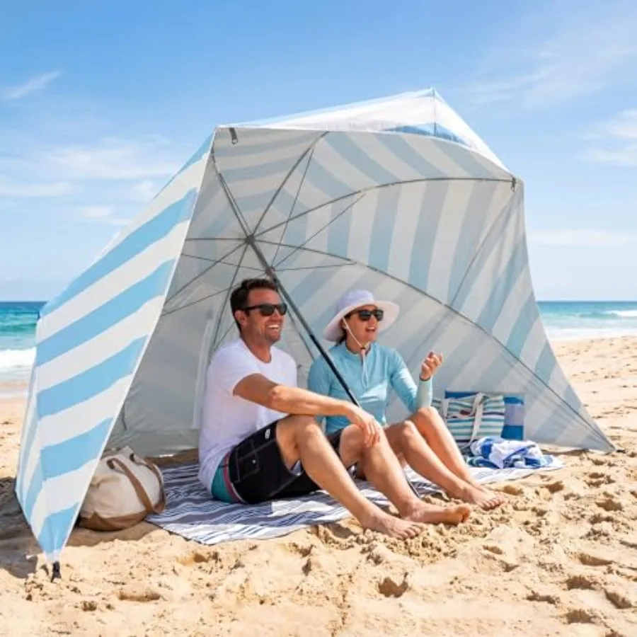 

Beach Tent for Outdoor Use, Polyester Fabric, Sea Salt Stripe Color, Easy Setup with UPF 50+ UV Protection and Sand Pockets
