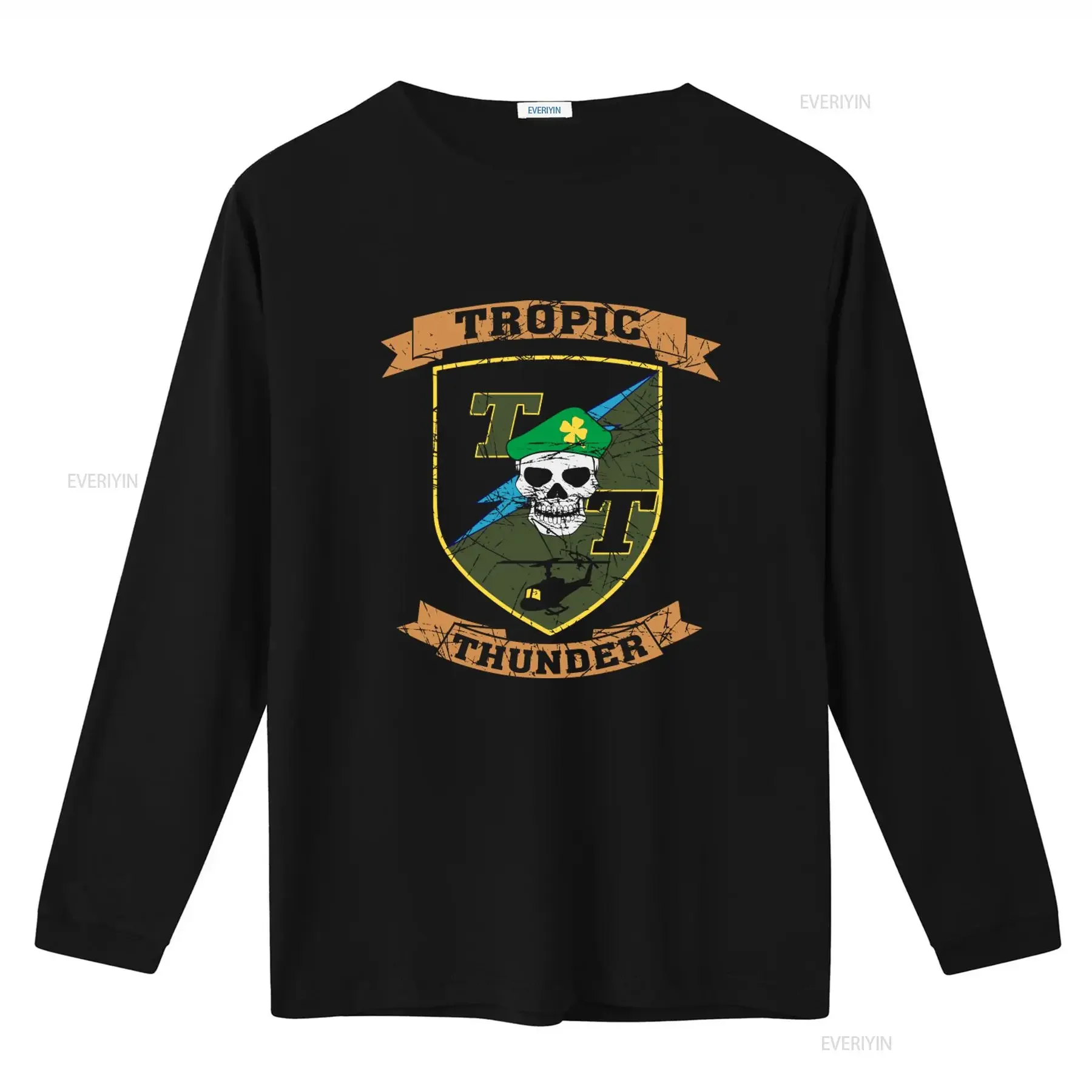 Tropic Thunder Patch T Shirt Mens Licensed Comedy Movie Black with Skull and Helicopter Design vintage Washed Slightly