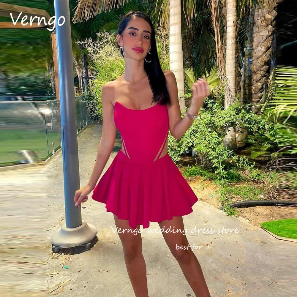 

Verngo 2023 Mini Sexy Fuschia Chiffon Short Prom Party Dresses Strapless Cut-Out Arabic Femme Cocktail Dress Beach Summer Skirt